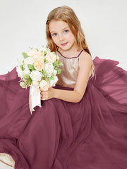 Sequined Top Long Tulle Junior Bridesmaid Gown Mulberry