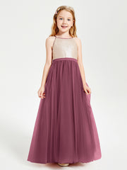 Sequined Top Long Tulle Junior Bridesmaid Gown Mulberry