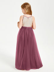 Sequined Top Long Tulle Junior Bridesmaid Gown Mulberry