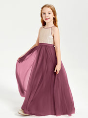 Sequined Top Long Tulle Junior Bridesmaid Gown Mulberry