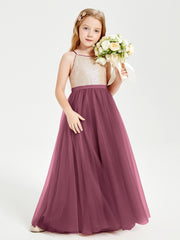 Sequined Top Long Tulle Junior Bridesmaid Gown Mulberry