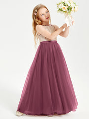 Sequined Top Long Tulle Junior Bridesmaid Gown Mulberry