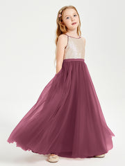 Sequined Top Long Tulle Junior Bridesmaid Gown Mulberry