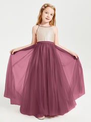 Sequined Top Long Tulle Junior Bridesmaid Gown Mulberry