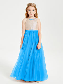 Sequined Top Long Tulle Junior Bridesmaid Gown Ocean Blue