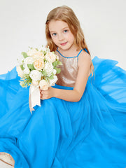 Sequined Top Long Tulle Junior Bridesmaid Gown Ocean Blue