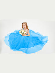 Sequined Top Long Tulle Junior Bridesmaid Gown Ocean Blue
