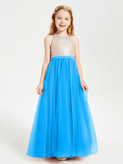 Sequined Top Long Tulle Junior Bridesmaid Gown Ocean Blue