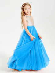 Sequined Top Long Tulle Junior Bridesmaid Gown Ocean Blue