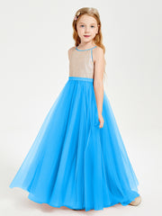 Sequined Top Long Tulle Junior Bridesmaid Gown Ocean Blue