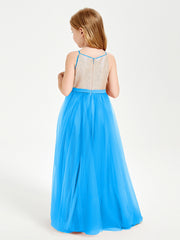 Sequined Top Long Tulle Junior Bridesmaid Gown Ocean Blue