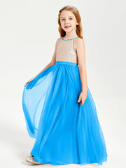 Sequined Top Long Tulle Junior Bridesmaid Gown Ocean Blue