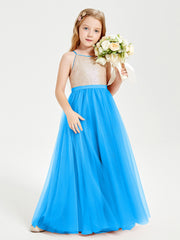 Sequined Top Long Tulle Junior Bridesmaid Gown Ocean Blue
