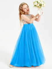 Sequined Top Long Tulle Junior Bridesmaid Gown Ocean Blue