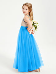 Sequined Top Long Tulle Junior Bridesmaid Gown Ocean Blue