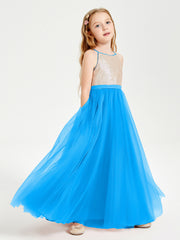 Sequined Top Long Tulle Junior Bridesmaid Gown Ocean Blue