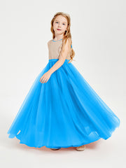 Sequined Top Long Tulle Junior Bridesmaid Gown Ocean Blue