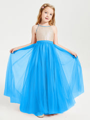 Sequined Top Long Tulle Junior Bridesmaid Gown Ocean Blue