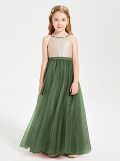 Sequined Top Long Tulle Junior Bridesmaid Gown Olive Green