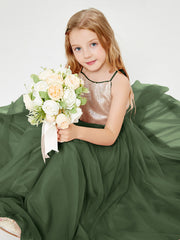 Sequined Top Long Tulle Junior Bridesmaid Gown Olive Green