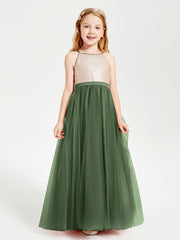 Sequined Top Long Tulle Junior Bridesmaid Gown Olive Green
