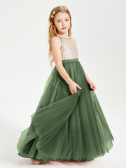 Sequined Top Long Tulle Junior Bridesmaid Gown Olive Green