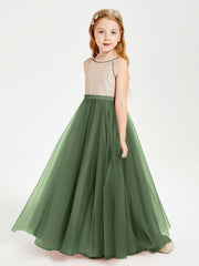 Sequined Top Long Tulle Junior Bridesmaid Gown Olive Green