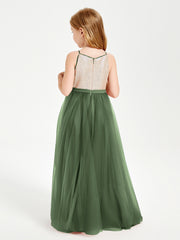 Sequined Top Long Tulle Junior Bridesmaid Gown Olive Green