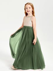 Sequined Top Long Tulle Junior Bridesmaid Gown Olive Green