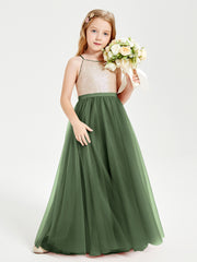 Sequined Top Long Tulle Junior Bridesmaid Gown Olive Green