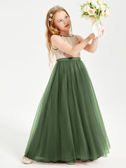 Sequined Top Long Tulle Junior Bridesmaid Gown Olive Green