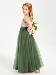 Sequined Top Long Tulle Junior Bridesmaid Gown Olive Green