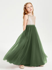 Sequined Top Long Tulle Junior Bridesmaid Gown Olive Green