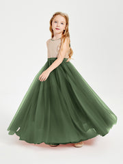Sequined Top Long Tulle Junior Bridesmaid Gown Olive Green