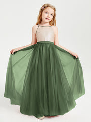 Sequined Top Long Tulle Junior Bridesmaid Gown Olive Green