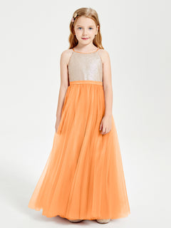 Sequined Top Long Tulle Junior Bridesmaid Gown Orange