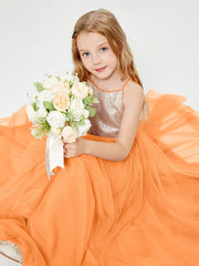 Sequined Top Long Tulle Junior Bridesmaid Gown Orange