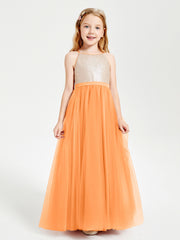 Sequined Top Long Tulle Junior Bridesmaid Gown Orange