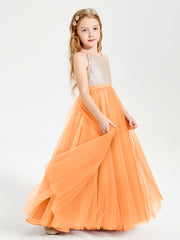 Sequined Top Long Tulle Junior Bridesmaid Gown Orange
