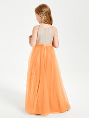 Sequined Top Long Tulle Junior Bridesmaid Gown Orange