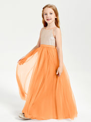 Sequined Top Long Tulle Junior Bridesmaid Gown Orange