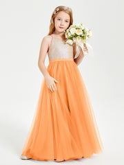 Sequined Top Long Tulle Junior Bridesmaid Gown Orange