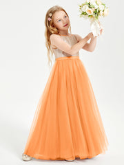 Sequined Top Long Tulle Junior Bridesmaid Gown Orange