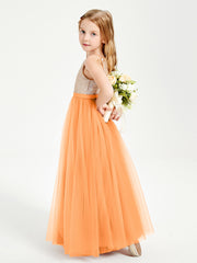 Sequined Top Long Tulle Junior Bridesmaid Gown Orange