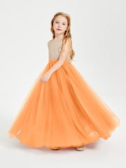 Sequined Top Long Tulle Junior Bridesmaid Gown Orange