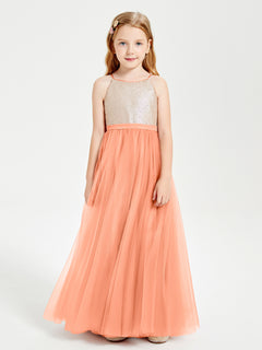 Sequined Top Long Tulle Junior Bridesmaid Gown Papaya