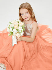Sequined Top Long Tulle Junior Bridesmaid Gown Papaya