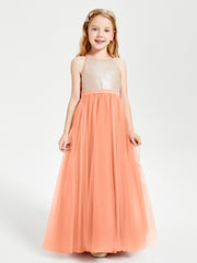 Sequined Top Long Tulle Junior Bridesmaid Gown Papaya