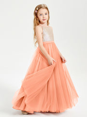 Sequined Top Long Tulle Junior Bridesmaid Gown Papaya