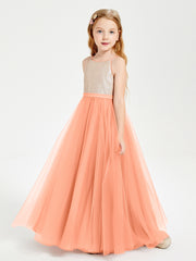 Sequined Top Long Tulle Junior Bridesmaid Gown Papaya